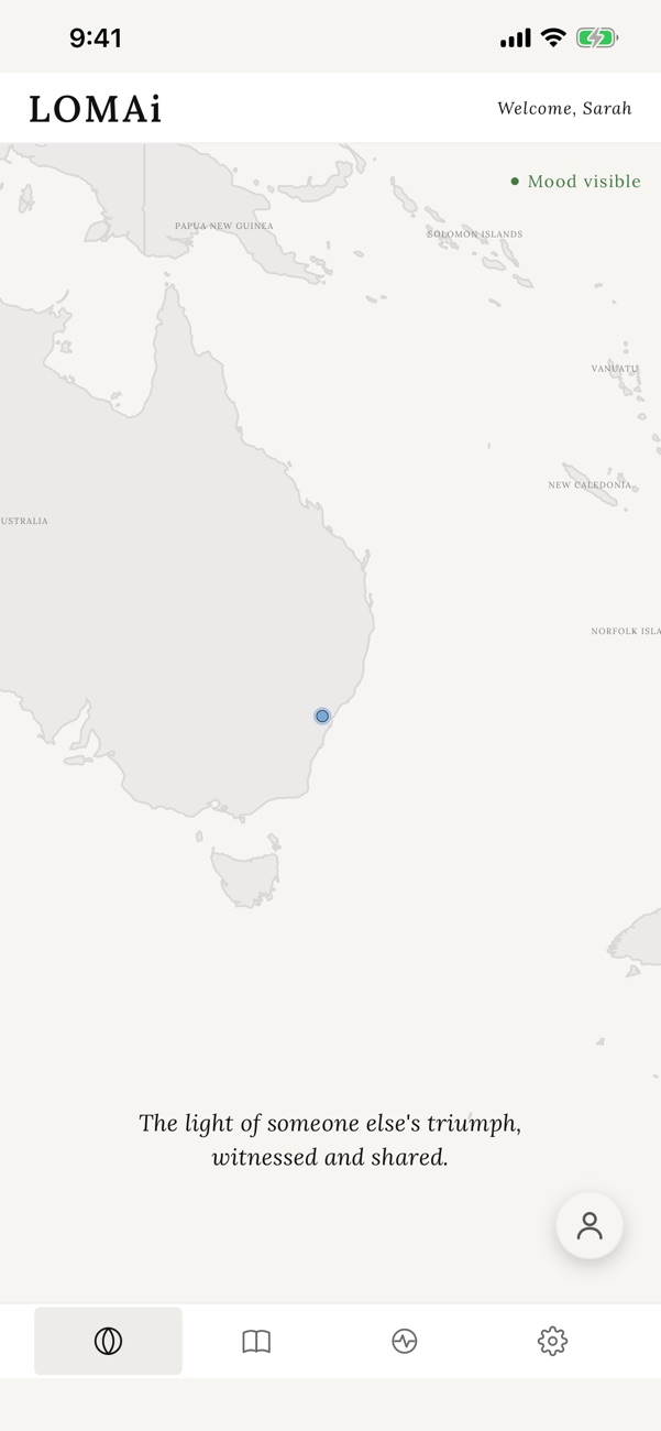 The Pulse Globe on an iPhone, centred on Australia, with one mood dot near Sydney.