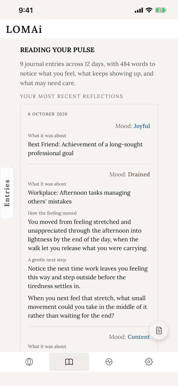 LOMAi on an iPhone: reflections on a day of example journal entries.